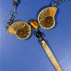 Vintage Ammonite Fossil Necklace – Cat’s Eye, Smoky Quartz, Hammered Silver
